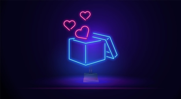Icône néon dans une boîte cadeau avec un cœur mis en évidence sur un fond noir Saint Valentin vacances surprise...
