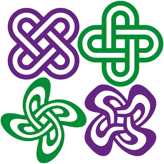 Icône de nœud celtique dessin tissé vectoriel couleurs violettes vertes fond plat blanc