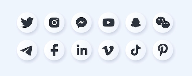 Icône noire Facebook instagram snapchat twitter Icône de ligne de logo YouTube linkedin Logotype des meilleurs réseaux sociaux et applications pour Internet Style néomorphisme