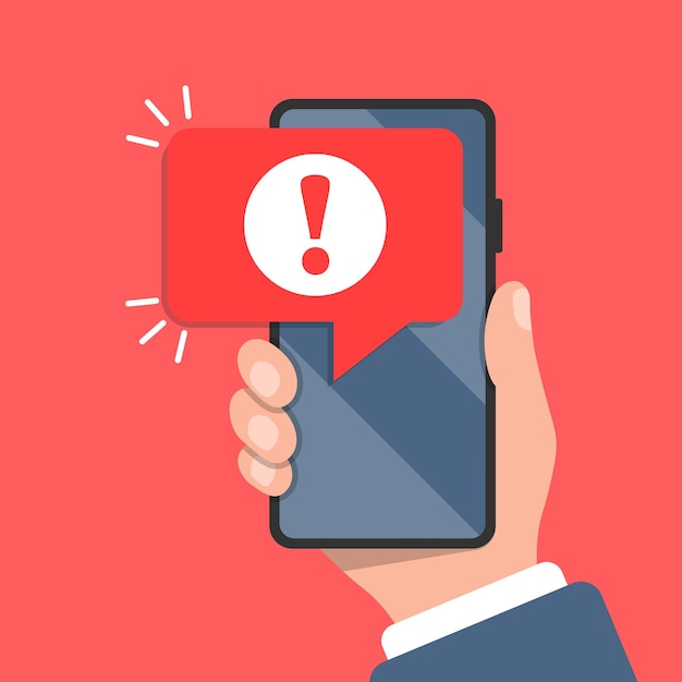 Icône de notifications téléphoniques dans un smartphone de style plat avec point d'exclamation dans l'illustration vectorielle de la main sur fond isolé Concept d'entreprise de signe de message de spam