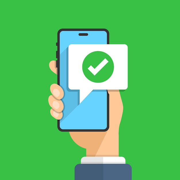 Icône de notifications téléphoniques dans un style plat Smartphone avec coche dans l'illustration vectorielle de la main sur fond isolé Concept d'entreprise de signe de message approuvé