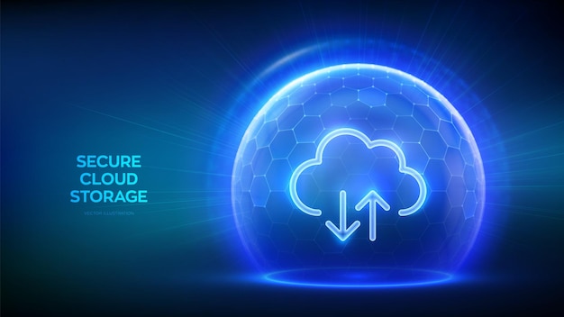 Icône de nuage sécurisé à l'intérieur d'un bouclier de sphère de protection transparente avec un motif hexagonal