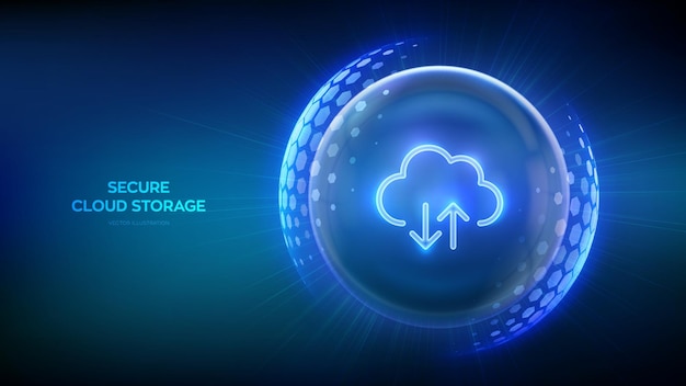 Icône de nuage sécurisé à l'intérieur d'un bouclier de sphère de protection transparente avec un motif hexagonal