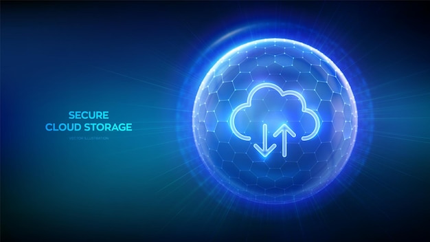 Icône de nuage sécurisé à l'intérieur d'un bouclier de sphère de protection transparente avec un motif hexagonal