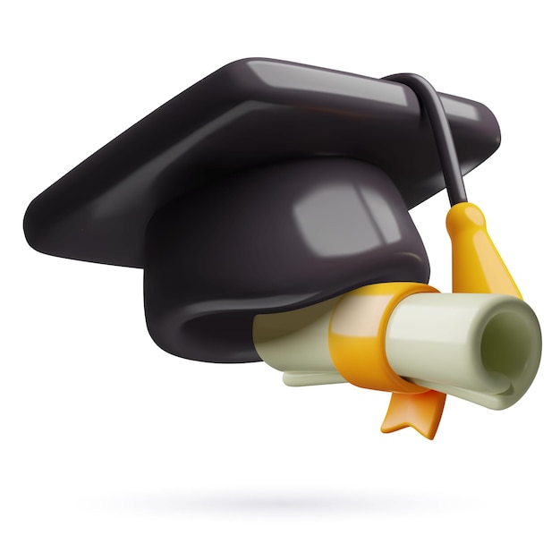 Vecteur icône d'obtention d'un diplôme 3d avec un chapeau de mortier et un rouleau de diplôme objet vectoriel en plastique tridimensionnel