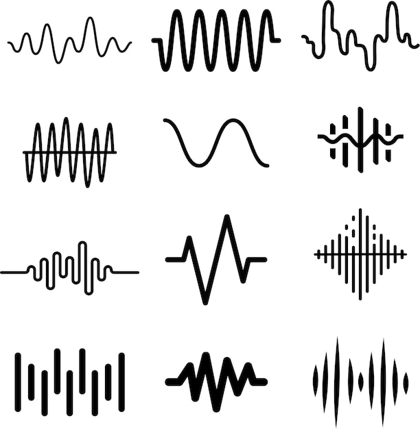 icône d'onde audio dessinée à la main symbole d'illustration isolé Ensemble d'icônes d'onde radio monochrome