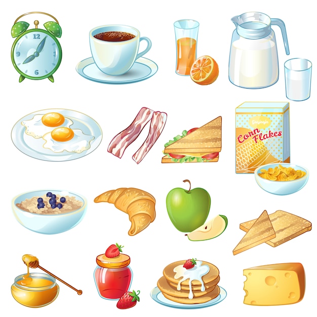 Vecteur icône de petit-déjeuner sertie de nourriture et d'ustensiles isolés et colorés pour manger