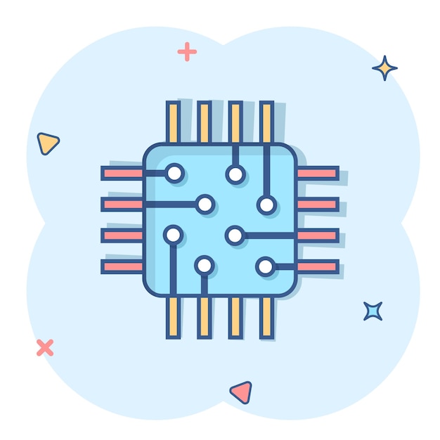Icône de processeur d'ordinateur dans le style comique Illustration de vecteur de dessin animé de carte de circuit imprimé sur fond blanc isolé Concept d'entreprise d'effet de splash de puce de carte mère