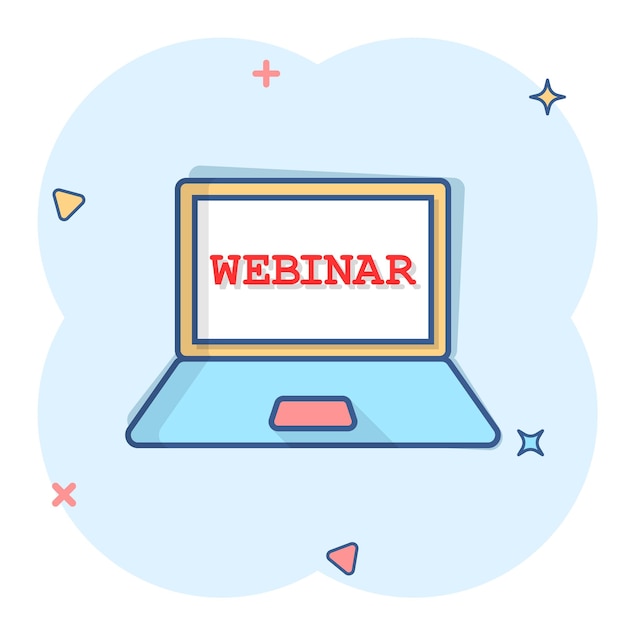 Icône de processus de formation en ligne dans le style comique Webinaire séminaire vecteur dessin animé illustration pictogramme Elearning business concept effet splash