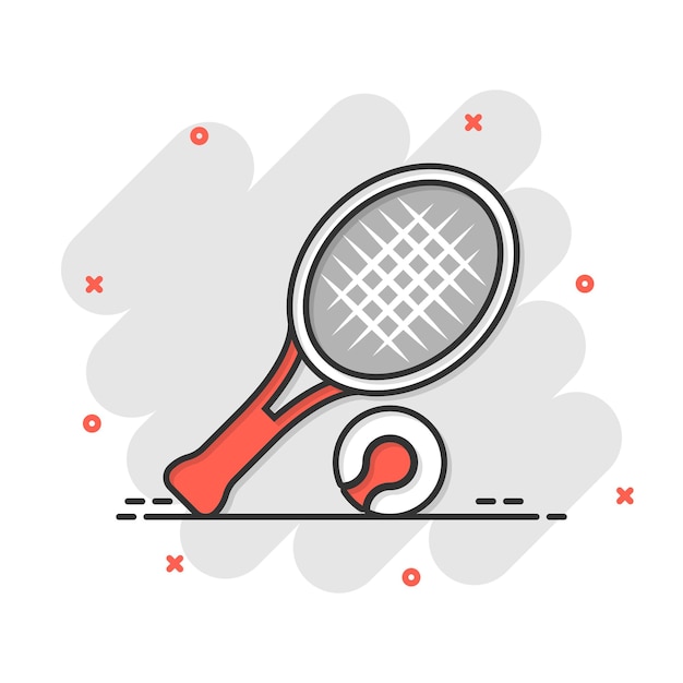 Icône de raquette de tennis dans le style comique Illustration de vecteur de dessin animé de raquette de jeu sur fond isolé Concept d'entreprise de signe d'effet d'éclaboussure d'activité sportive