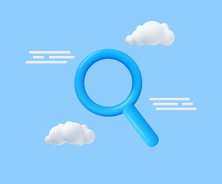 Vecteur icône de recherche de rendu 3d avec nuage loupe loupe loupe outil optique bleu pour trouver des détails et lire de petits caractères illustration vectorielle
