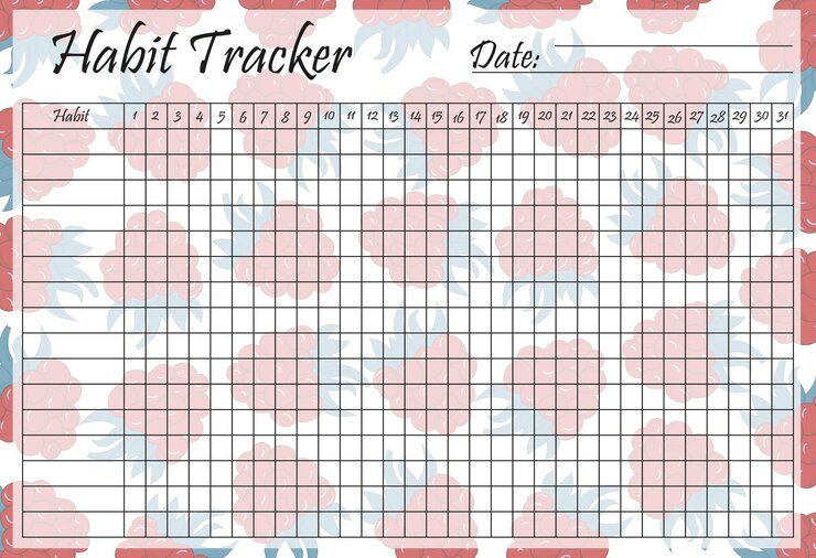 Vecteur icône de réglage du traqueur d'habitude pattern de framboise bleu et rouge avec une grille mensuelle complète pour surveiller les progrès et construire des routines cohérentes dans un style vif