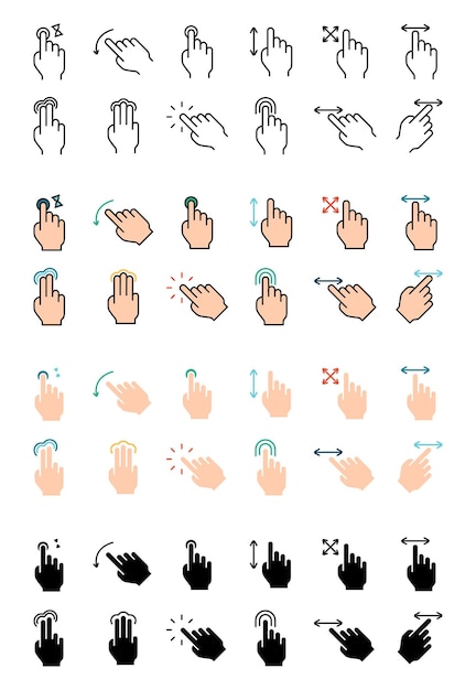 Icône de réglage des gestes Pouvez le doigt, double-cliquez, tournez, pincez, zoomez, défilez, gestes, interaction avec l'écran tactile, interface utilisateur, mouvement de la main, gestes multitouch, balayage, contrôle du pinceau.