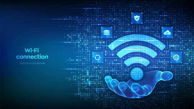 Icône de réseau Wi-Fi signe Wi-Fi fait avec un code binaire en main signal de point d'accès sans fil Wlan