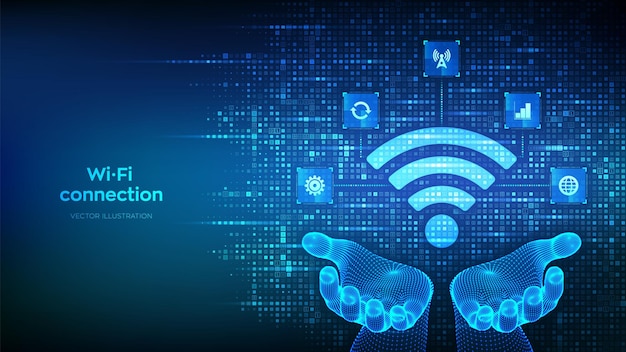 Icône de réseau Wi-Fi Signe Wi-Fi réalisé avec un code binaire dans les mains Signal de point d'accès sans fil Wlan Zone de connexion mobile Icones de transfert de données Connections de transmission mobile Illustration vectorielle