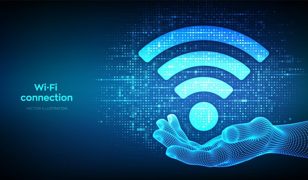 Icône de réseau Wi-Fi Signe Wi-Fi réalisé avec un code binaire en main Symbole de signal de point d'accès Wi-Fi sans fil Zone de connexion mobile Transfert de données Routeur ou transmission mobile Illustration vectorielle