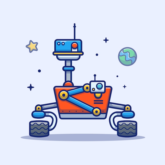 Icône de robot spatial. Robot spatial, planète et étoiles, icône de l'espace blanc isolé