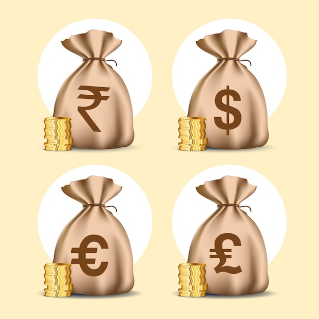 Vecteur icône de sac d'argent avec des pièces empilées différents symboles monétaires