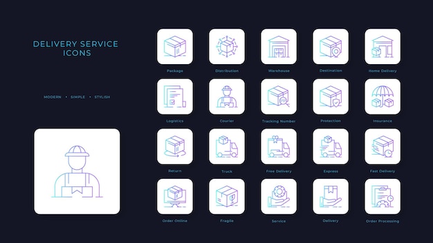 Icône De Service De Livraison Sertie De Style De Contour Dégradé Bleu Lié Au Suivi Des Commandes Livraison Entrepôt Camion Scooter Courrier Et Icônes De Fret Symbole D'expédition Illustration Vectorielle