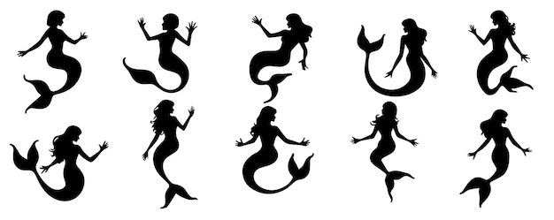 Icône de silhouette de sirène vectorielle dessinée à la main dessin réaliste d'illustration de chant sur un fond blanc