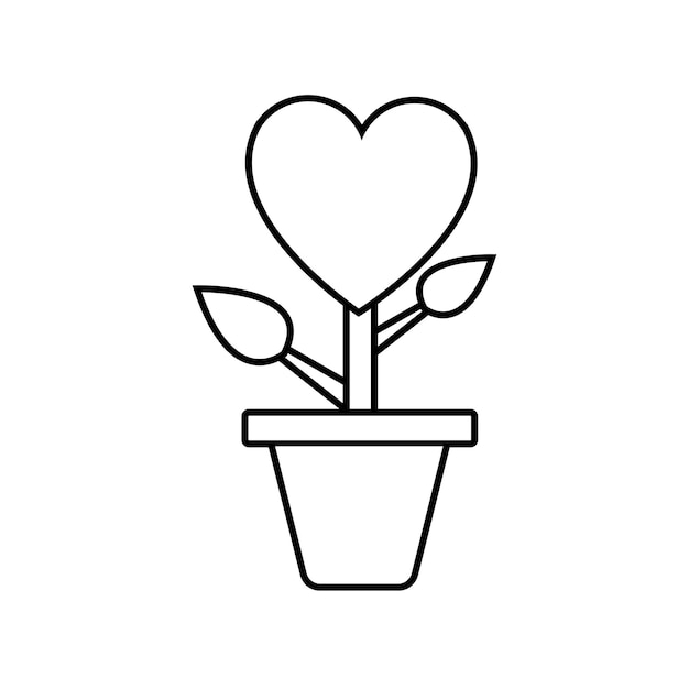 Icône simple linéaire noir et blanc d'une fleur dans un pot avec un coeur pour la fête