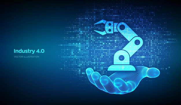 Icône Smart Industry 40 réalisée avec un code binaire dans la main filaire Automatisation d'usine Technologie industrielle autonome Étapes de révolutions industrielles Fond de matrice avec chiffres 10