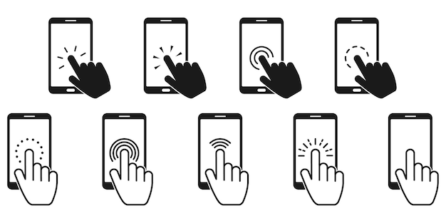 Icône De Smartphone à écran Tactile à La Main. écran Du Smartphone Avec Clic Du Doigt. Vecteur D'icône De Curseur. Vecteur De Pointeur à La Main