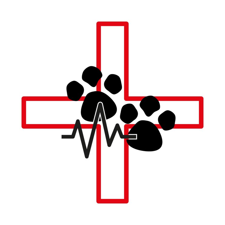 Vecteur icône de soins vétérinaires croix rouge et patte vecteur de la ligne de battement du cœur symbole de santé animale