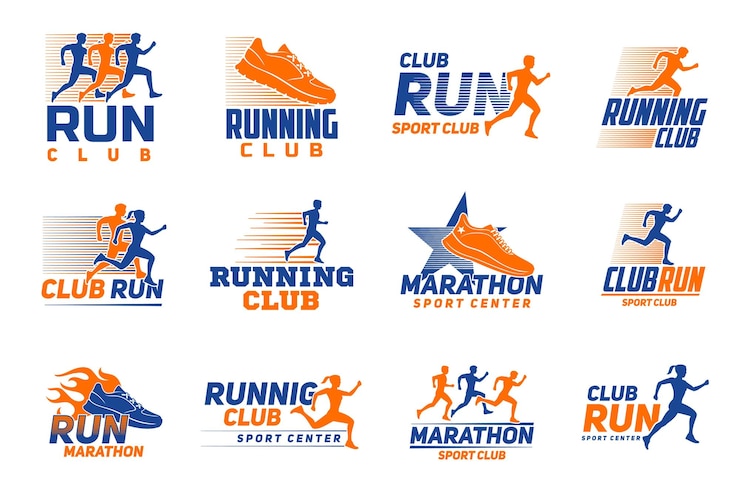 Vecteur icône de sport de course de marathon avec des coureurs d'athlètes vectoriels silhouettes de couleur de baskets homme et femme en cours d'exécution et symboles isolés d'étoiles de jogging en cours d'exécution marathon ou signe de compétition de course à pied sprint