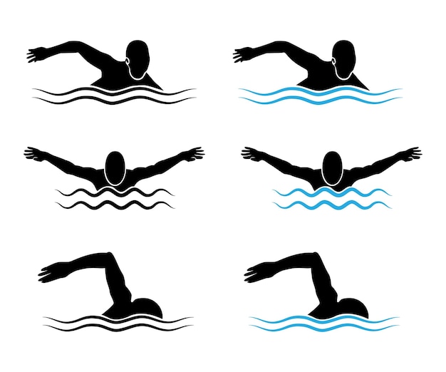 Vecteur icône de styles de natation sur fond blanc silhouette de natation homme dessins de vagues illustration vectorielle