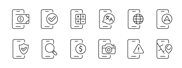 Icône de téléphone Set Calculateur de paiement Traducteur Navigation Internet Recherche de photos Cartes dans votre téléphone Gagnez de l'argent en utilisant votre téléphone portable Tout dans un concept d'appareil Iconique de ligne vectorielle