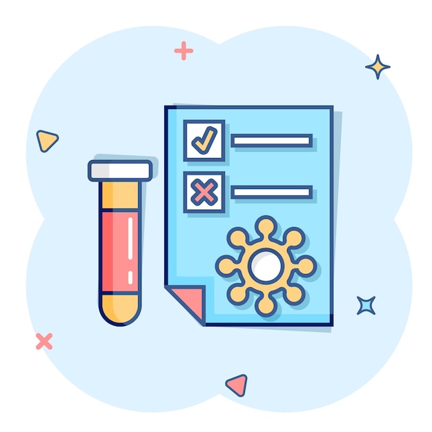 Vecteur icône de test de coronavirus dans le style comique illustration vectorielle de dessin animé covid19 sur fond isolé concept d'entreprise de signe d'effet d'éclaboussure de diagnostic médical