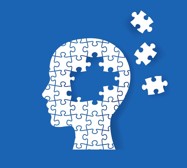 Icône de la tête de l'homme de puzzle arrière-plan bleu isolé