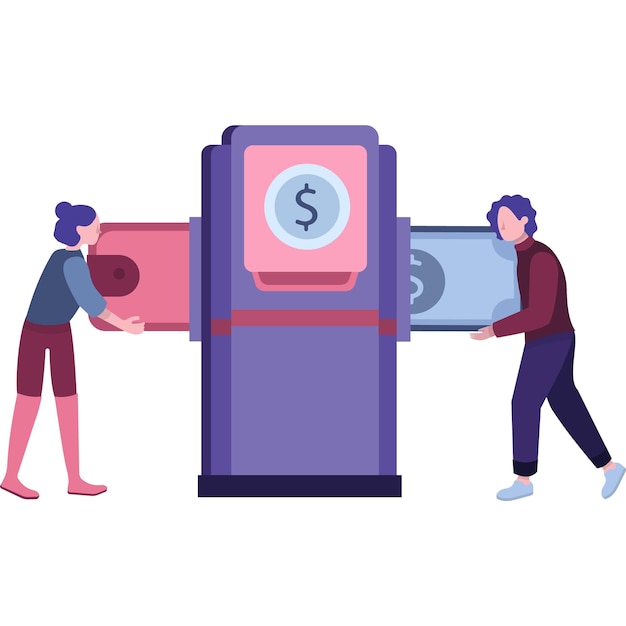 Vecteur icône de transaction d'argent personnes utilisant le service atm