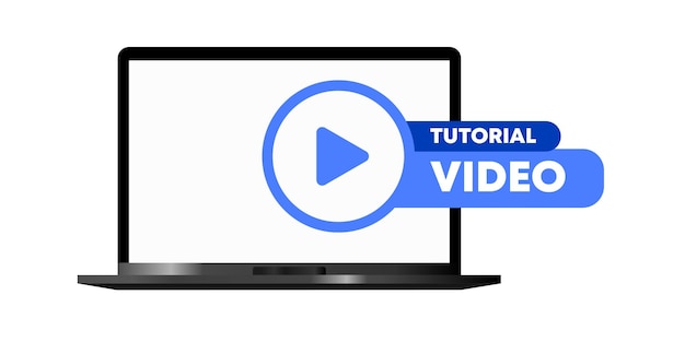 icône de tutoriel vidéo écran d'ordinateur portable bleu plat maquette bouton de lecture icône de tutorial vidéo illustration vectorielle