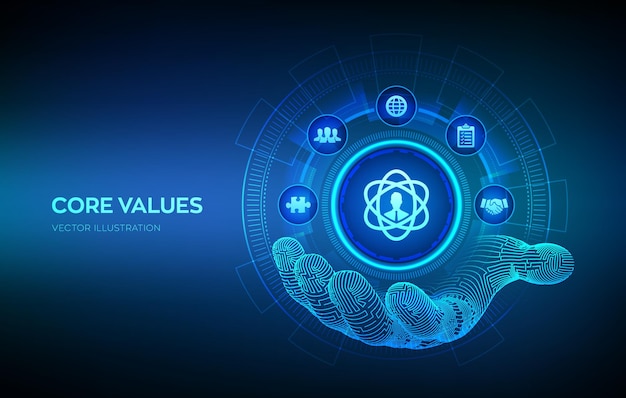 Icône Des Valeurs Fondamentales Dans La Main Robotique Responsabilité Objectifs éthiques Concept D'entreprise Sur écran Virtuel Infographie Des Valeurs Fondamentales Illustration Vectorielle