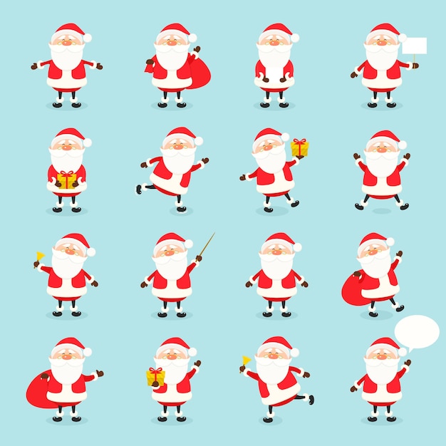 Icône De Vecteur Mignon Santa Claus Dans Un Style Plat, Collection De Noël, Caractère De Noël Et Du Nouvel An Dans Des Poses Différentes. Père Noël Drôle Avec Différentes émotions. Modèle De Conception Dans Eps10.