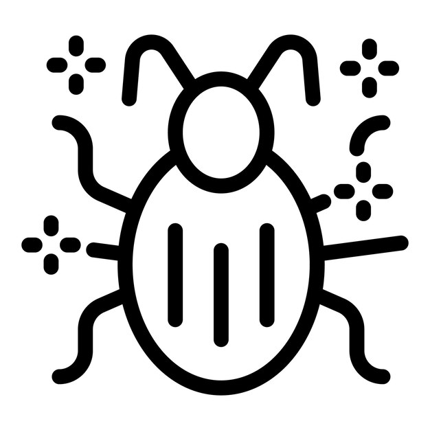 Icône vectorielle de ligne noire d'un bug qui glisse avec des étincelles