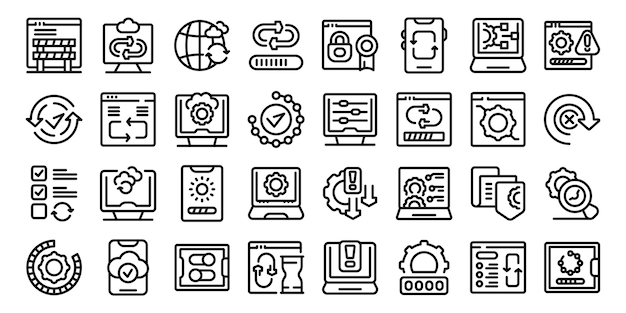 Icône vectorielle de mise à jour de logiciels d'application Une collection d'icônes pour divers programmes et appareils informatiques