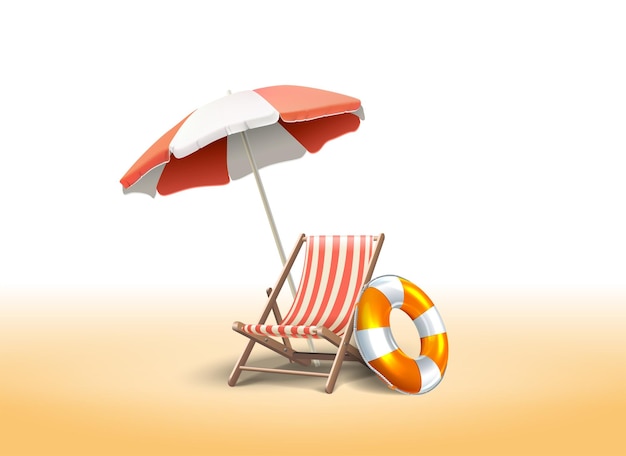 Icône Vectorielle Réaliste De Lit De Bronzage Avec Parasol Sur Le Sable.