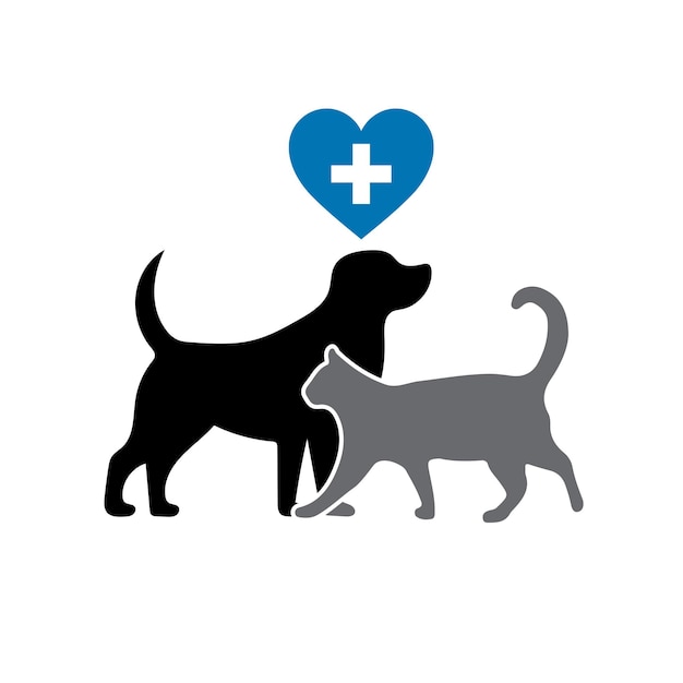 Vecteur icône vétérinaire avec des animaux de compagnie de cœur bleu et une croix