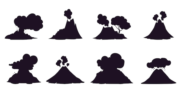 Icône Volcan éruption De Cendres Silhouette Pictogramme Volcanique Logo Ensemble Isolé