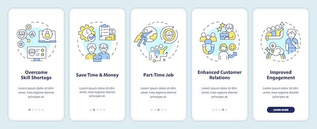 Des icônes 2D représentant l'écran de l'application mobile de retraite Instructions graphiques colorées en 5 étapes avec des icônes de ligne Concept UI UX modèle GUI