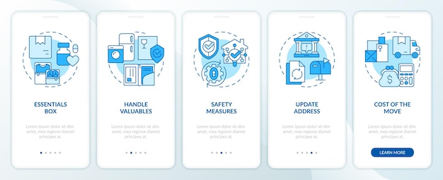 Icônes 2D représentant l'écran de l'application mobile de service en mouvement Instructions graphiques bleues en 5 étapes avec des icônes de ligne mince modèle d'interface utilisateur UX