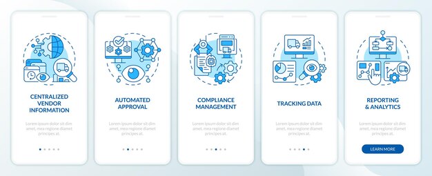 Icônes 2D représentant l'ensemble d'écran d'application mobile de gestion des fournisseurs Procédure pas à pas 5 étapes instructions graphiques bleues avec icônes de ligne mince concept UI UX GUI modèle