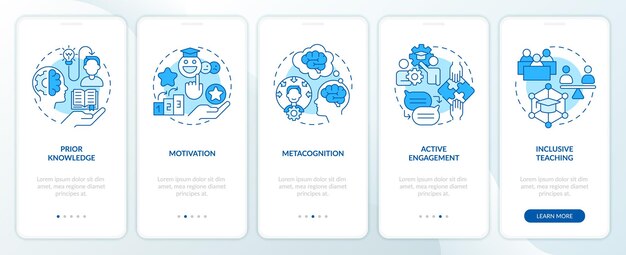 Icônes 2D représentant les théories d'apprentissage ensemble d'écran d'application mobile Instructions graphiques bleues en 5 étapes avec des icônes de ligne concept UI modèle UX GUI