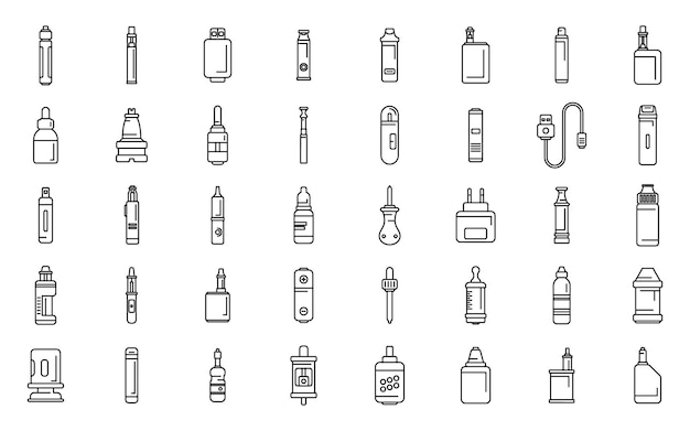 Icônes D'accessoires De Cigarette électronique Définies Vecteur De Contour Vape Liquide