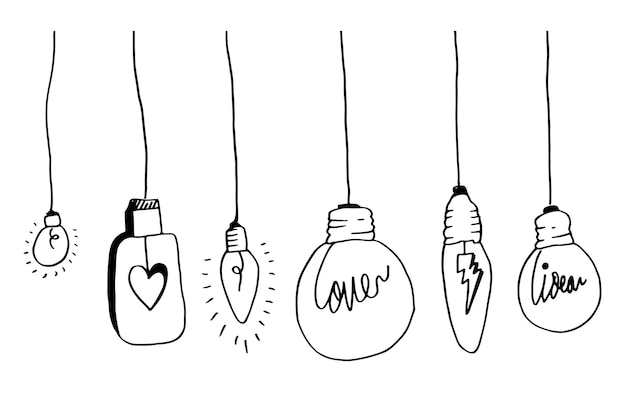 Icônes D'ampoule Dessinées à La Main Avec Concept D'idée Style Doodle. Illustration Vectorielle.