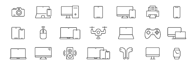 Icones d'appareils et de gadgets technologiques réglées Icones de lignes d'équipements électroniques Vector