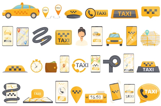 Vecteur icônes d'appel de taxi définies vecteur de dessin animé app en ligne